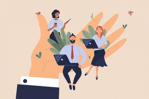 Three business people sitting on hand
