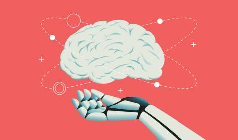 Robot hand holding human brain concept