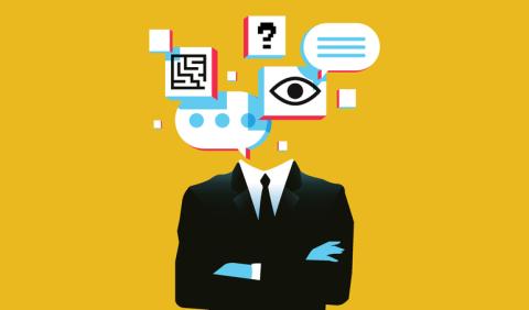 Figure with head replaced by computer icons