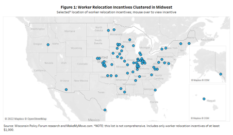 Map of United States showing areas with most worker relocation incentives